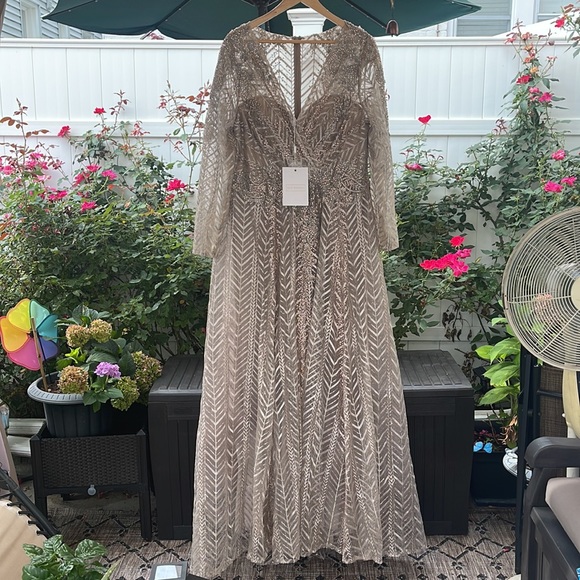 Ieena Mac Duggal - Embellished Illusion Long Sleeve Taupe A-line Gown - Picture 4 of 17